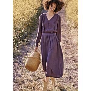 Garnet Hill Ruffle Crêpe Purple Midi Dress L Cottage Core Feminine Pockets